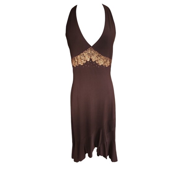 Taboo Vintage Y2K Babydoll Dress Womens L Asymmetrical Halter Brown Fairy Ruffle - Picture 1 of 8